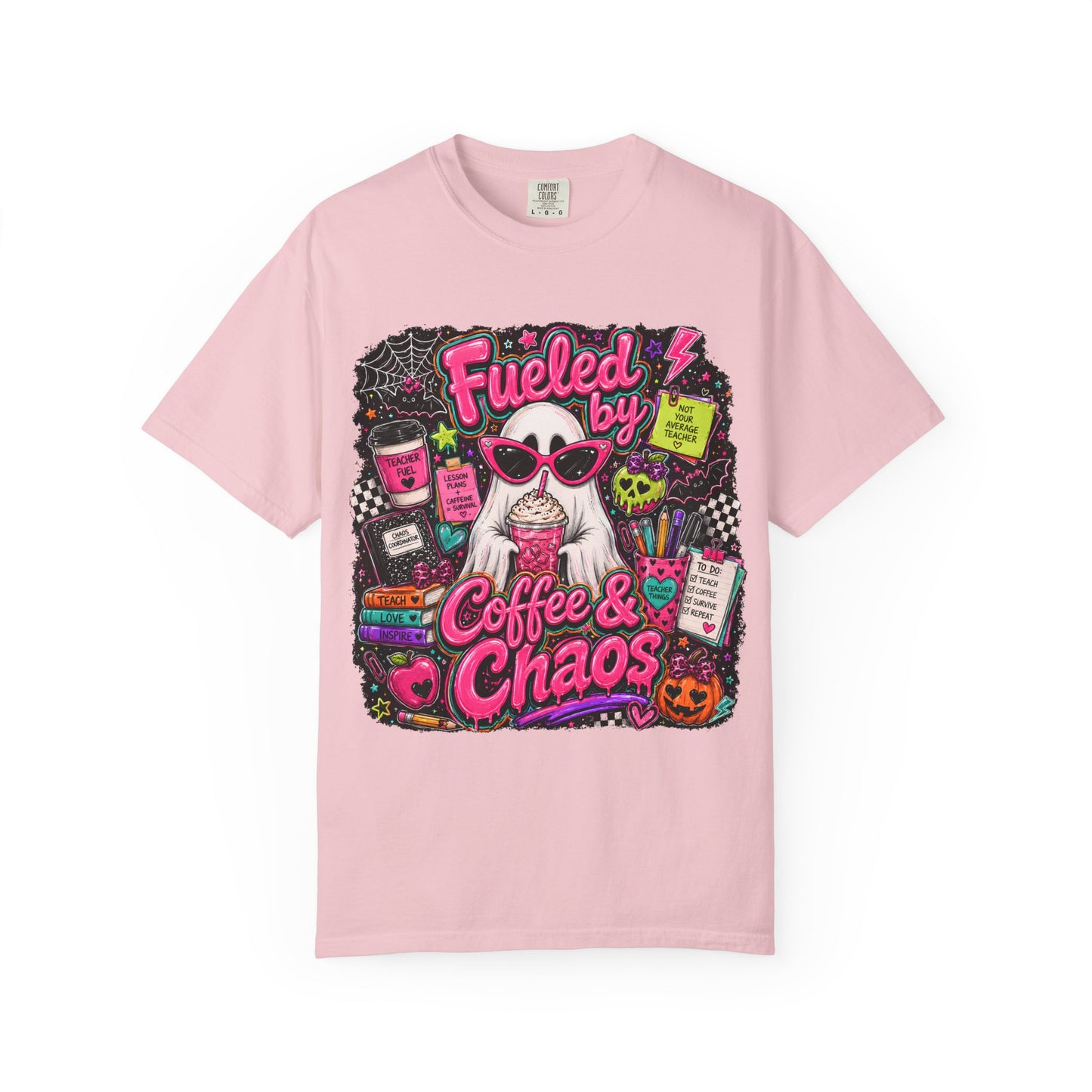 T-Shirt — "Fueled by Coffee & Chaos" Graphic Tee (Cute Cat, Halloween Vibe)