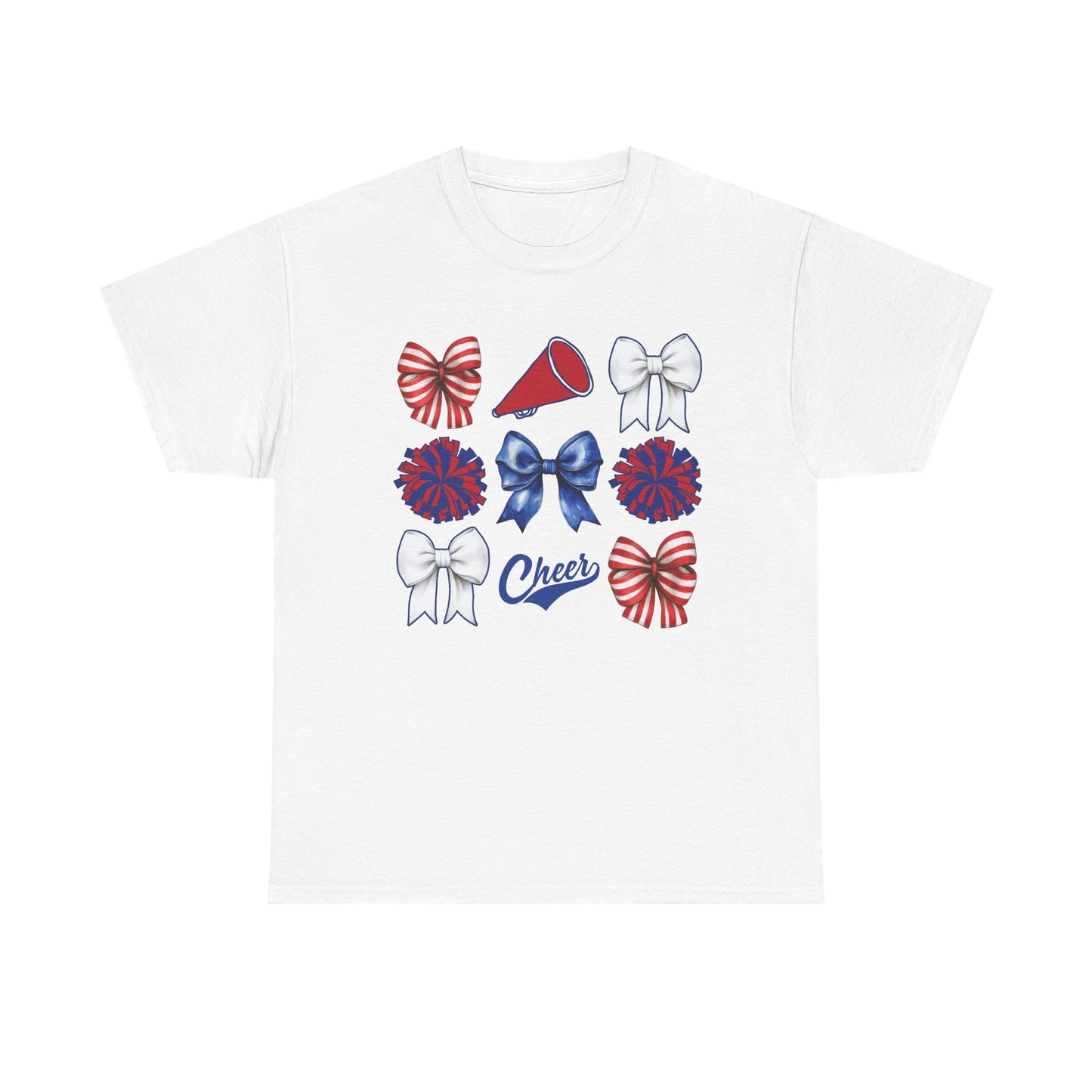 Cheerleading Bows & Pom-Poms T-Shirt — Red, White & Blue Cheer Tee