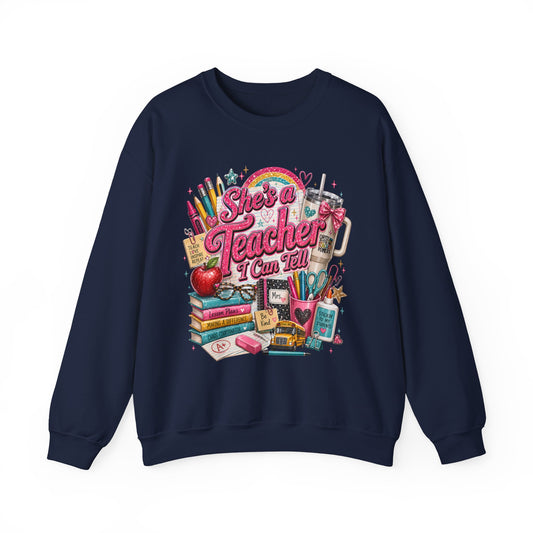 Teacher Crewneck Sweatshirt — "She’s a Teacher I Can Tell" Graphic