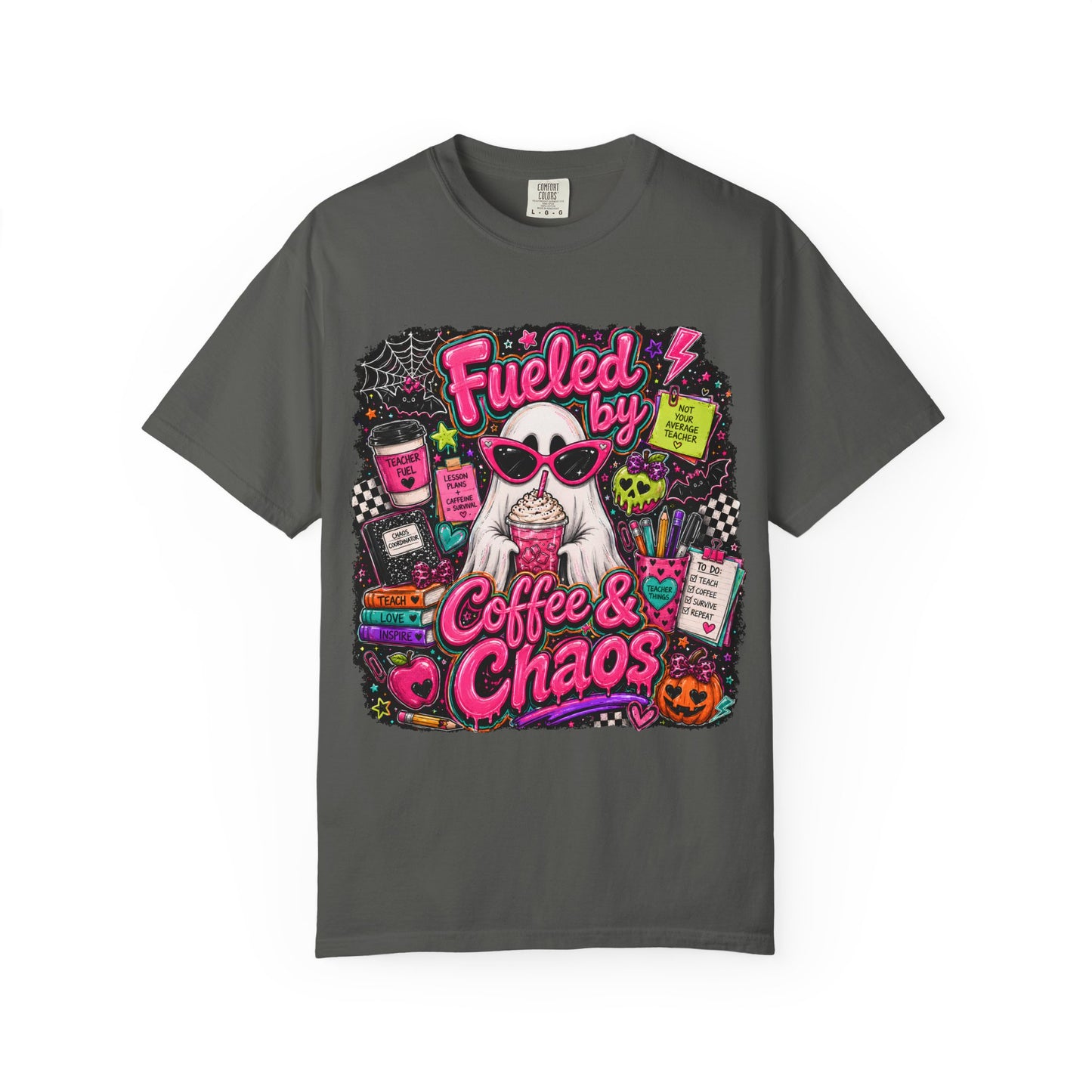 T-Shirt — "Fueled by Coffee & Chaos" Graphic Tee (Cute Cat, Halloween Vibe)