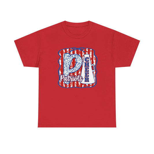 Patriots Cheer Letterman Graphic Tee - Red White Blue School Spirit Shirt