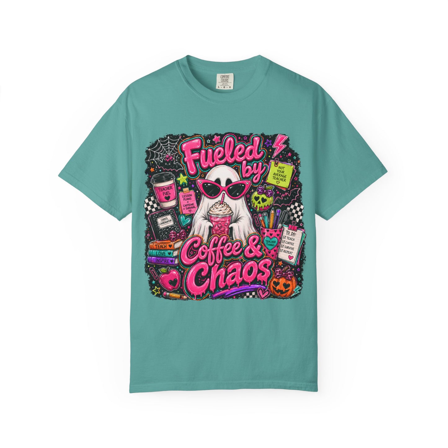 T-Shirt — "Fueled by Coffee & Chaos" Graphic Tee (Cute Cat, Halloween Vibe)