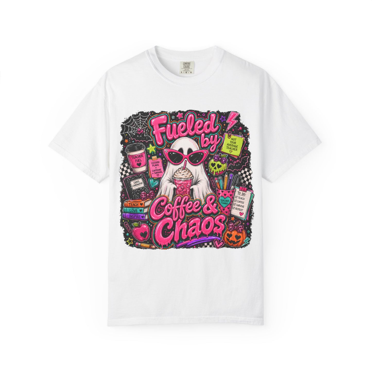 T-Shirt — "Fueled by Coffee & Chaos" Graphic Tee (Cute Cat, Halloween Vibe)