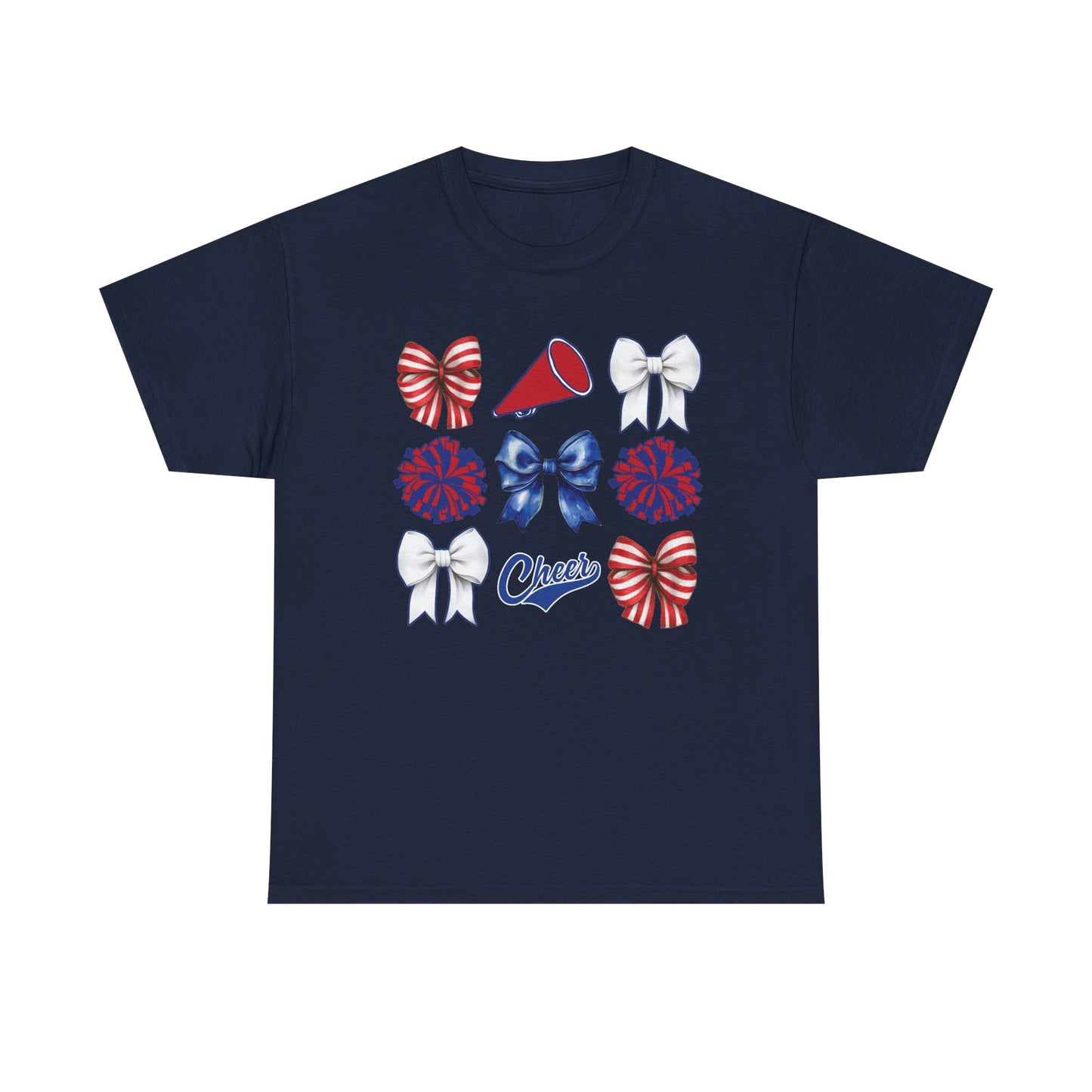 Cheerleading Bows & Pom-Poms T-Shirt — Red, White & Blue Cheer Tee