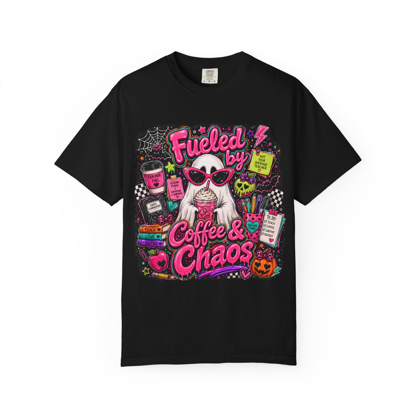 T-Shirt — "Fueled by Coffee & Chaos" Graphic Tee (Cute Cat, Halloween Vibe)
