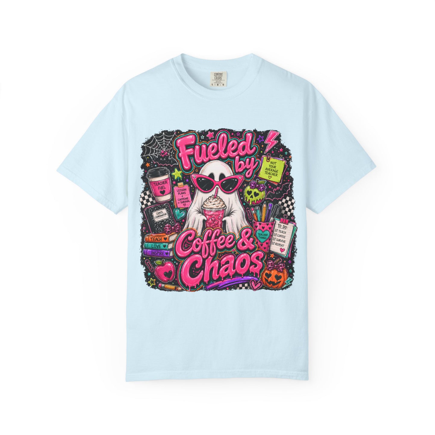 T-Shirt — "Fueled by Coffee & Chaos" Graphic Tee (Cute Cat, Halloween Vibe)